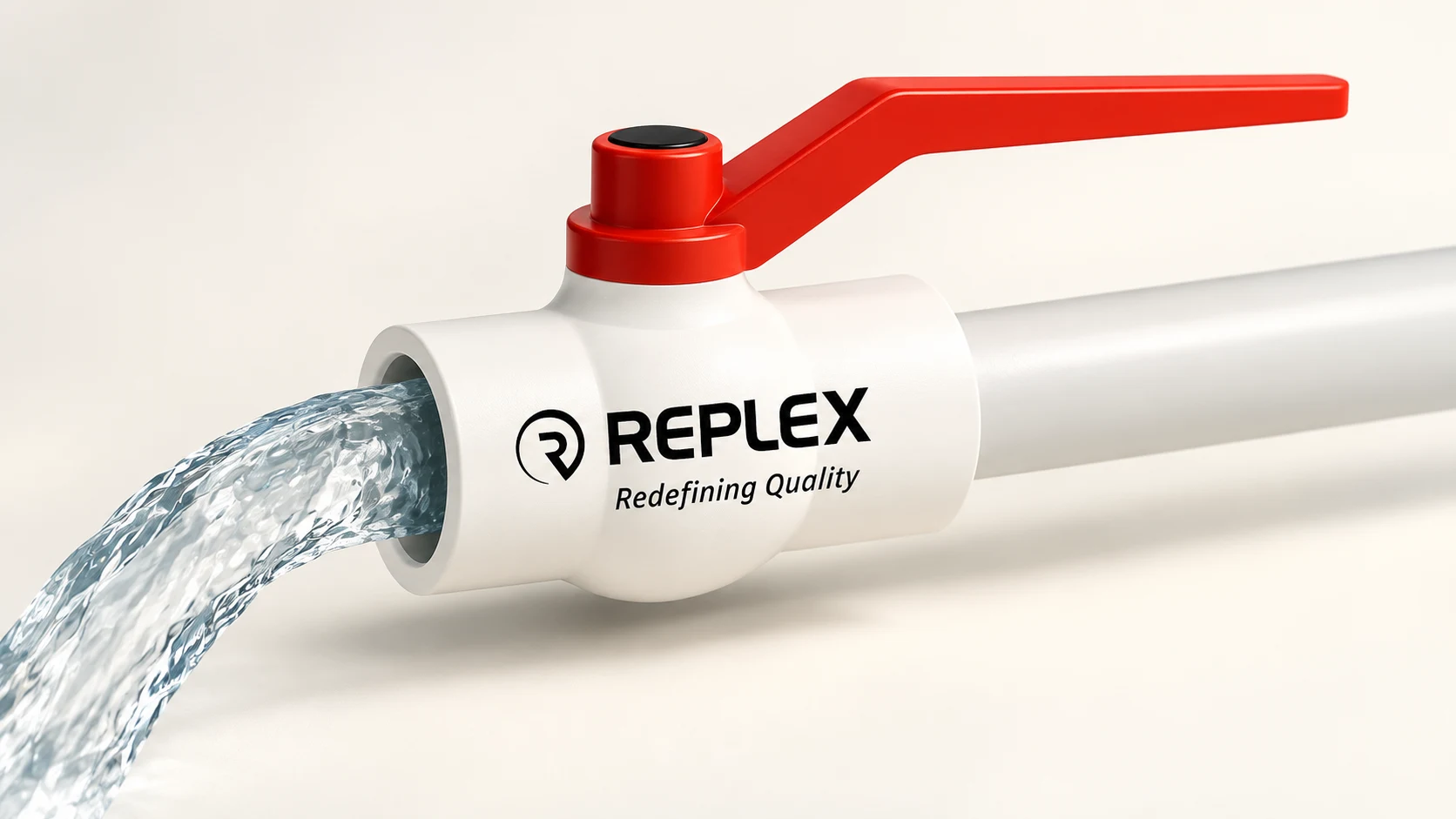 Replex product visualisation: a white ball valve with a red lever and clear water flowing from its outlet